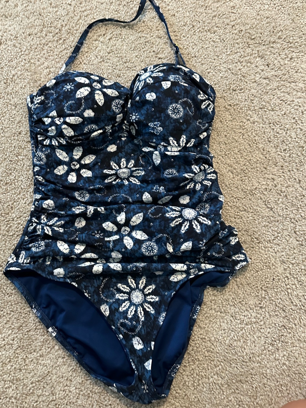 Bleu Rod Beattie Navy and White Floral Bandeau One-Piece Swimsuit
